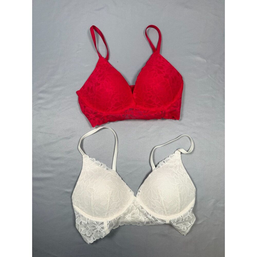 LOT OF 2 VS PINK Floral Lace Bralette Wireless Padded Bra Size Small Red White